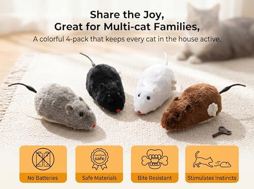 4 Pcs Wind Up Cat Toy Mouse - Self-Moving Furry Mice with Realistic Tails, Interactive Chase Toys for Indoor Cats & Kittens, Exercise Mice for Boredom Busting