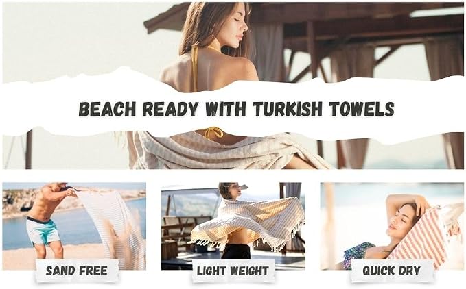 Bazaar Anatolia Turkish Beach Towel – 100% Cotton, Quick Dry, Sand Free Striped Towel for Bathroom, Travel, Camping – Oversized 71x39 Inches – Arpa Light Blue
