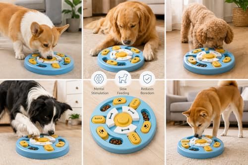 Interactive Dog Puzzle Toy Slow Feeder – Dog Enrichment Toys for Mental Stimulation, Anti-Slip Food Puzzle Bowl, Slow Eating Feeder for Puppies & Dogs, Boredom Relief Pet Toy (Blue and Yellow)