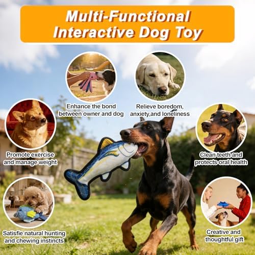 12.8" Recycled Canvas Tuna Squeaky Dog Toy, Durable Stuffed Fish Chew Toy for Puppy Teething, Interactive Play for Small Medium Large Dogs, Blue