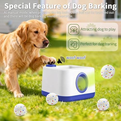 Automatic Dog Ball Launcher, Dual Auto-Manual Modes with Dog Barking Sound, Interactive Dog Fetch Toy, 3 Adjustable Distances, Dog Balls Thrower for Small & Medium Dogs, with 4 Durable ETPU Balls