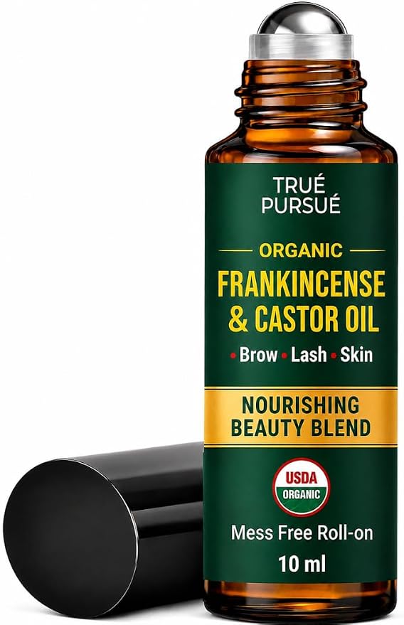 Organic Frankincense and Castor Oil Roll On – Eye Roller - 100% Pure and Natural Oil for Face, Dark Circles, Under Eye, Eyelashes, Eyebrows, Hair, Body & Skin Care Moisturizer – Hexane Free – 10 ml