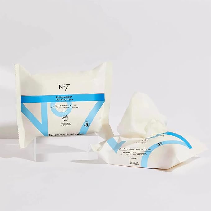 No7 Biodegradable Cleansing Wipes - Waterproof Mascara & Makeup Remover Wipes - Vitamin B5 + Witch Hazel & Fennel Extract Facial Cleansing Wipes for Revitalized Radiant Skin (Dual Pack, 60 Wipes)