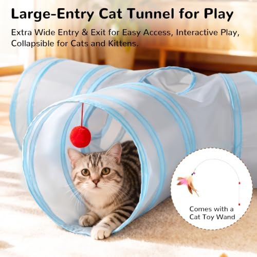 Tempcore Cat Tunnel, 3-Way Collapsible Toy for Indoor Cats, Grey & Blue