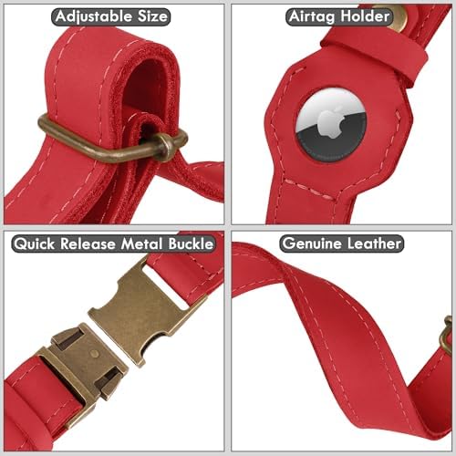 AirTag Dog Collar - Genuine Leather Dog Collar with Apple AirTag Holder and Metal Buckle - Smart GPS Tracking Pet Collars (Red, M, 14"-18" Neck Fit)