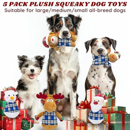 Christmas Dog Toys 5 Pack Blue Plush Squeaky Set with Santa Snowman Reindeer Bear Gingerbread Man for Small Large Medium Dogs for Gentle Play Easy Clean Not for Aggressive Chewers