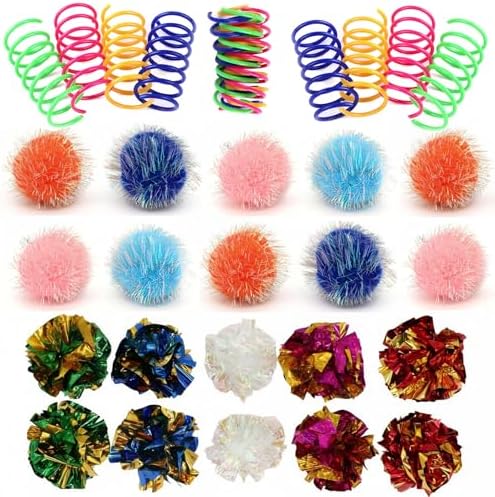 LASOCUHOO Cat Toys, 30 Packs Interactive Cat Toy Pack Including Cat Crinkle Balls, Cat Sparkle Balls, Spiral Springs for Kitten （Random Color）