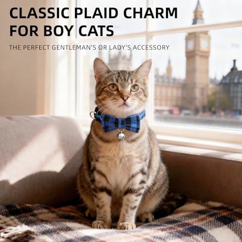 Plaid Breakaway Cat Collar with Bell & Removable Bow Tie – Cotton Kitten Collar with Bells for Boy Cats or Small Dogs. Adjustable Size 7.5-12.2in (1, Navy)
