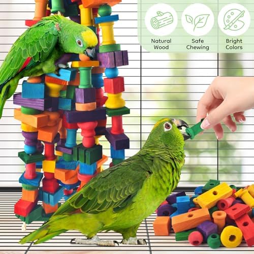 DBNESS Bird Toys for Parrots, 200 Pcs Colorful Multi-Shaped DIY Wooden Blocks Craft, Natural Parrot Chew Training Foot Toy for Amazon African Grey Cockatiels Conure Monk Parakeet