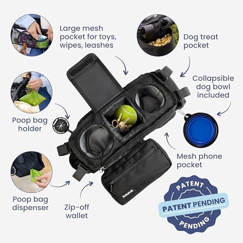 Dog Stroller Caddy Organizer with 2 Insulated Cup Holders & Treat Pocket