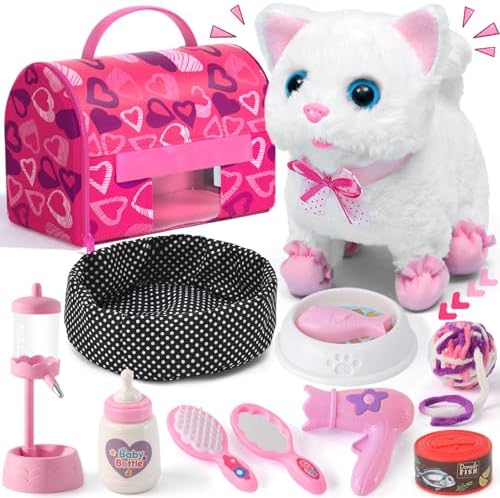 Golray Interactive Cat Toys for Kids Girls Gift, Electronic Plush Toy Cat Can Walk and Meow - 16 Pcs Carrier & Pet Groom Feed Care Pretend Play Set, Birthday Gift for Toddler Little Girl 3 4 5 6 7 8 9