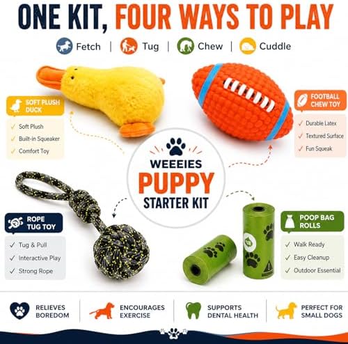 Dog Toys for Small Dogs, 5 Pack Interactive Dog Toy Bundle with Plush Duck, Squeaky Football Chew Toy, Rope Tug Toy and Waste Bags, Enrichment & Training Toys for Small BreedsRed