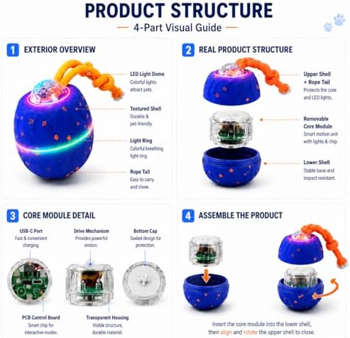 Smart Interactive Dog Ball, Automatic Rolling with LED Glow, E-TPU Dog Ball, Toy for Dog
