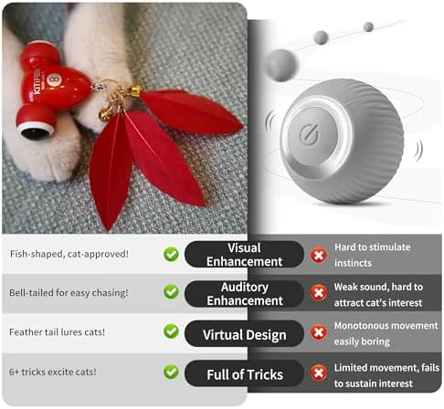 Kitifish Automatic Cat Toys for Indoor Cats, Interactive Cat Feather Toys with Feather and Bell, Smart Electric Moving Kitty Toy, kitifish Toys, Stiulate Hunting Instinct for Your Kitty