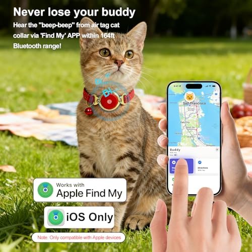 Tracking Tag Cat Collar, Waterproof Cat Tag Collar with Bell, Safety Breakaway Buckle Kitten Collars Tracker Finder for Cats, Kittens(9-13inch), Reflective Tracker Collars Work with Find My(iOS Only)