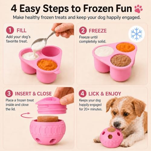 Frozen Treat Dog Toy Set with Freezer Tray, Interactive Rubber Chew Toy, Treat Ball Holder for Licking & Chewing, Dog Enrichment Toy to Keep Dogs Busy (Pink)