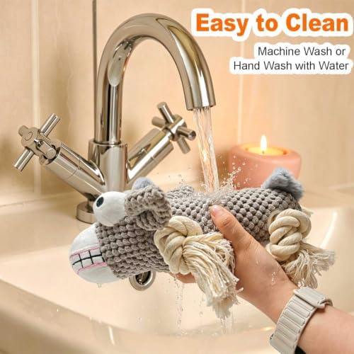 Gray Dog Plush Chew Dog Toy, 9.8 in, Squeaker and Rope