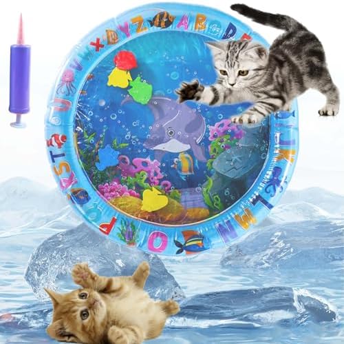 Pet Water Sensory Mat, Floating Fish Interactive TPU Thickened Water Bed Cooling Pad, Anti-Scratch Water Filled Play Matfor Cats Dogs Kittens Puppies Pets in Summer (Circle A)