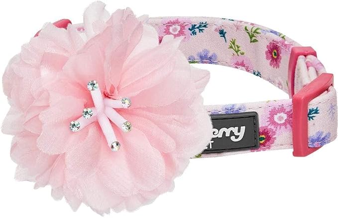 Blueberry Pet Floral Power Cosmos Designer Pink Adjustable Dog Collar with Detachable Pink Peony, Medium, Neck 14.5"-20"