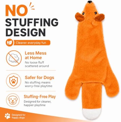 Interactive Crinkle Fox Dog Toy – No Stuffing Plush Squeaky Pet Toy (22"x8.5"), Tear-Resistant Reinforced Stitching, Odor-Free Chew Toy, Keeps Them Busy for Small, Medium & Large Dogs