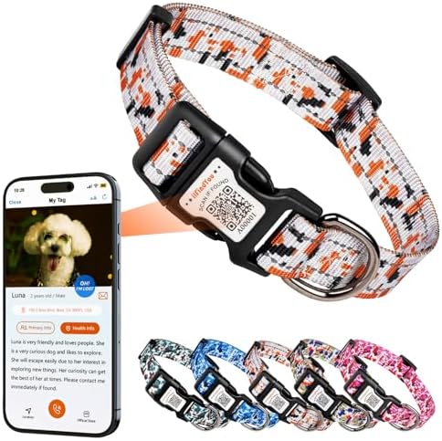 Personalized Dog Collar with QR Code Dog Tag, Camo Green M