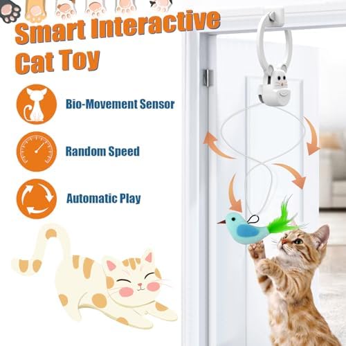 Interactive Cat Toys for Indoor Cats, Automatic Flying Bird Feather Wand Toy for Chase Exercise Enrichment, Rechargeable Durable Safe Hanging Cat Toy for Bored Kittens & Adult Cats