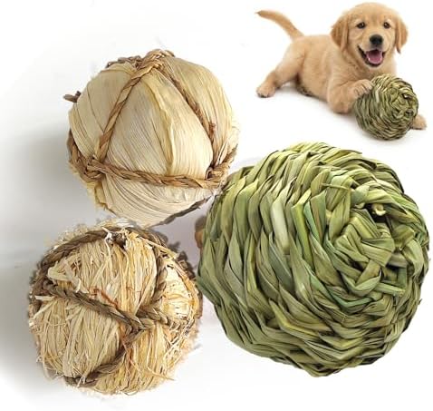 Dog Chew Toys, 3pcs Woven Grass Chew Ball for Dogs, Dental Teething & Interactive Fetch Toys, Outdoor Digestible Chew Ball for Boredom Relief - Reed, Seaweed & Corn Husk, Seaweed & Corn Silk