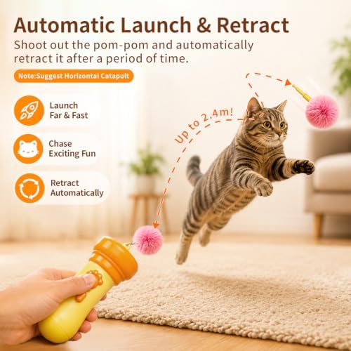 Kzoom Automatic Cat Teaser Launcher, Cat Balls Fetch Toy with Retractable Rope and Fuzzy Ball, Interactive Cat Toys for Indoor Cats, Enrichment Toy(Without Battery)