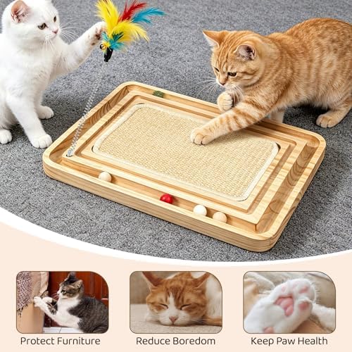 Sisal Cat Scratcher Pad with Ball Track, Wooden Interactive Cat Puzzle Toy