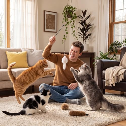 18 Pack Natural Rabbit Fur Cat Toy Refills, Mouse Tail Fur Ball Shaped Cat Toys, Interactive Cats Wand Toy Replacement Head with Secure Connector(Mouse,Tail, Pom Pom)