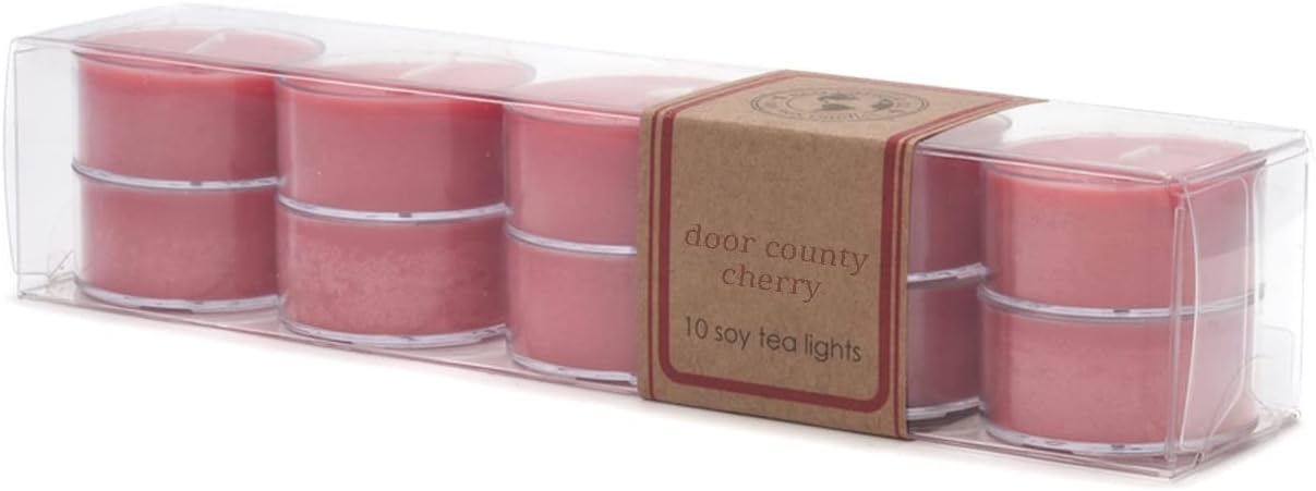 Eco Candle Co. Door County Cherry Tea Light Candles, 10-Pk, 9 Hr Burn Time | Scents of Handpicked Cherries - Recyclable, No Lead, Hand Poured, Made from Midwest Grown Soybeans, .6 oz. Each