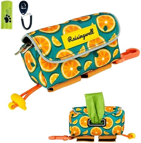 Dog Treat and Poop Bag Holder for Leash, 2 Waterproof Zipper Pouches for Pet Walking Accessories, with Dispenser, Training Clicker and 1 Free Roll (Fruit Orange)