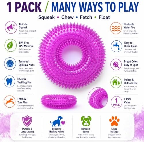 Squeaky Dog Toys for Aggressive Chewers, Floating Donut Ring for Large Dogs
