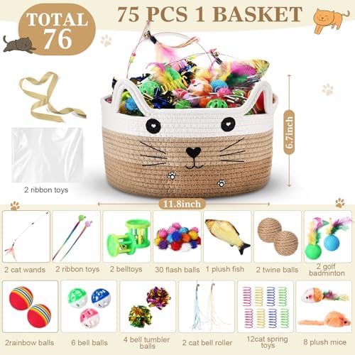 Zopeal 76 Pcs Cat Storage Basket Gift Toys Set, Khaki
