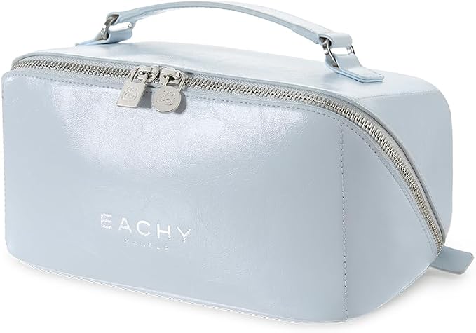 EACHY Travel Makeup Bag, Large Capacity Cosmetic Bag for Women, Waterproof PU Leather, Flat Open Portable Toiletry Bag for Skincare, Brushes & Travel Essentials