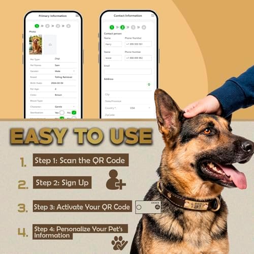 Personalized QR Code Dog Collar - Durable Genuine Leather Pet Collar with Engraved Smart ID Tag, Personalized Dog Collar with Name and Phone Number, Soft Padded Adjustable Neck Strap, Brown