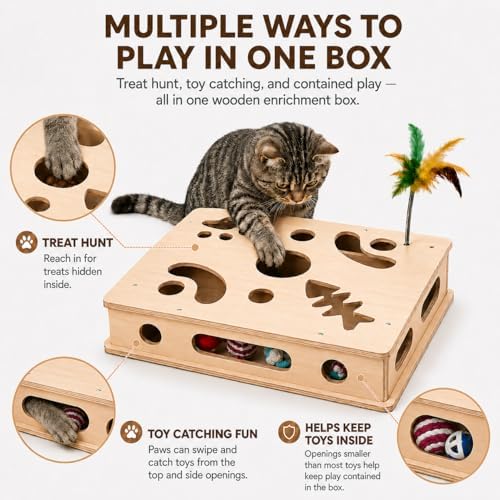 Cat Puzzle Enrichment Box & Nail File Scratcher with Automatic Rolling Ball