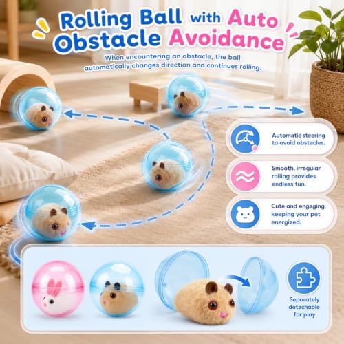 Animal Pet Rolling Ball,Self Rolling Interactive Cat Ball,Automatic Moving Cat Ball, 360°Rotating Cat Ball, Suitable for Cat and Dog Chasing(Rabbit, Pink Ball)