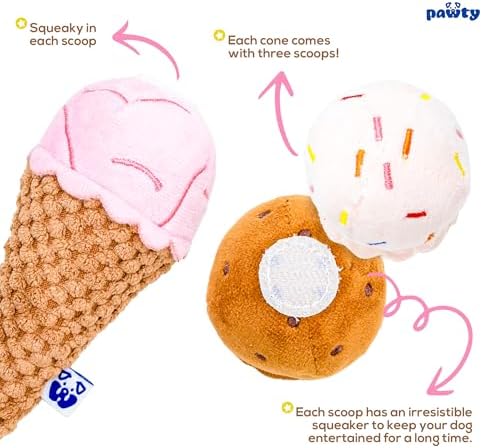 PAWTY Ice Cream Cone Dog Toy - Gift Plush Interactive Popsicle Squeaky Food Popsicle Toy - Cute Funny Enrichment Toy for Small Medium Dogs
