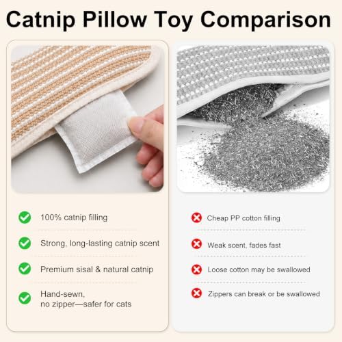 Cat Toys, 2 Pack Sisal Catnip Pillow Toys with Crinkle Sound