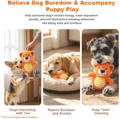 Lion Plush Dog Toy with Rope and Squeaker for Small Medium Dogs