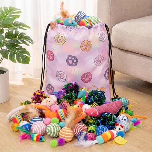 Leitee 100 Pcs Cat Toys Assortment with 1 Gift Storage Bag, Interactive Cat Play Set for Indoor Kitten, Colorful Springs, Mouse Toys, Chew Ropes, Balls, Bells & Sisal Ball