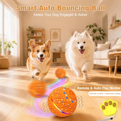 Remote-Controlled Interactive Dog Toy Ball, 3 Play Modes with Barking Sounds & LEDs, Automatic Rolling E-TPU Soft Toy with Tug Rope for Small, Medium, and Large Dogs Boredom
