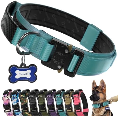 Premium Tactical Dog Collar - Adjustable Military Heavy Duty Dog Collar for Medium Large Dogs - Durable Metal Buckle Dog Collar with Leather Control Handle and Soft Comfortable Padding