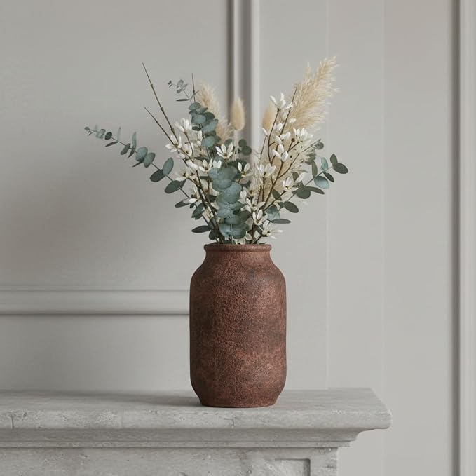 Terracotta Vase, Large Rustic Ceramic Vase, Farmhouse Decor for Living Room, Shelf, Mantle, Entryway, Room Decor, 9 Inch, Brown