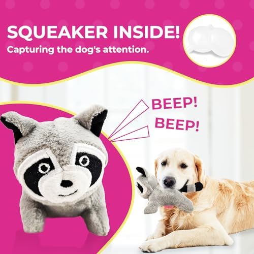 Glow Pups Raccoon Dog Toy 3 Pack with Squeaker, Plush Hide and Seek Dog Toys for Small to Medium Dogs, Burrow Replacement Animals, Woodland Gray, 3 x 5 x 2 inches