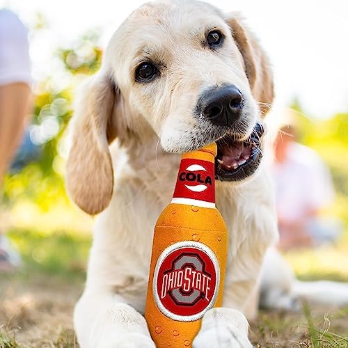 NCAA OHIO STATE BUCKEYES BEER BOTTLE PLUSH DOG & CAT SQUEAK TOY - Cutest STADIUM SODA BOTTLE SNACK Plush Toy for DOGS & CATS with INNER SQUEAKER & Beautiful Football/Basketball Team Name/Logo