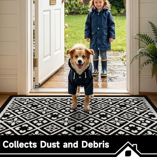 Ileading Indoor Door Mat, Absorbent Muddy Mats for Dogs, Low-Profile Entrance Welcome Mat with Non-Slip Rubber Backing, Washable Runner Carpet for Hallway,Entryway,Kitchen (Black 32x48in)