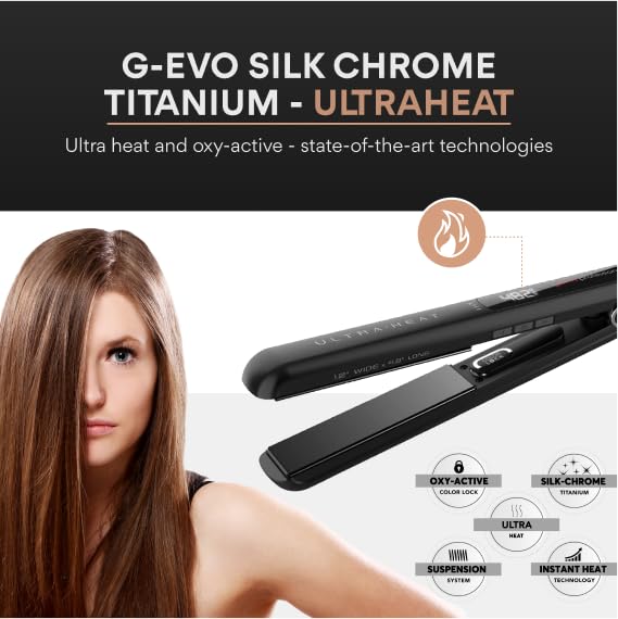 GA.MA G-EVO Silk Chrome Titanium 1.2 Inch Flat Iron with Oxy-Active & Silver Technology, Digital Display, Auto Shut-Off, Black