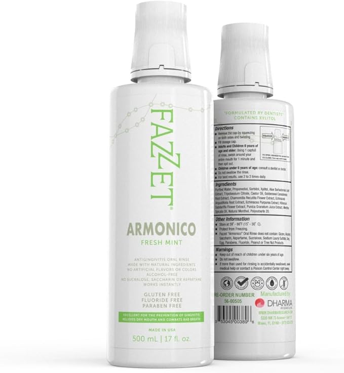 FAZZET ARMONICO Anti-Gingivitis Oral Rinse – Soothe Tonsils, Combat Bad Breath – Alcohol, Gluten, and Paraben Free Mouthwash – Fresh Mint Flavor